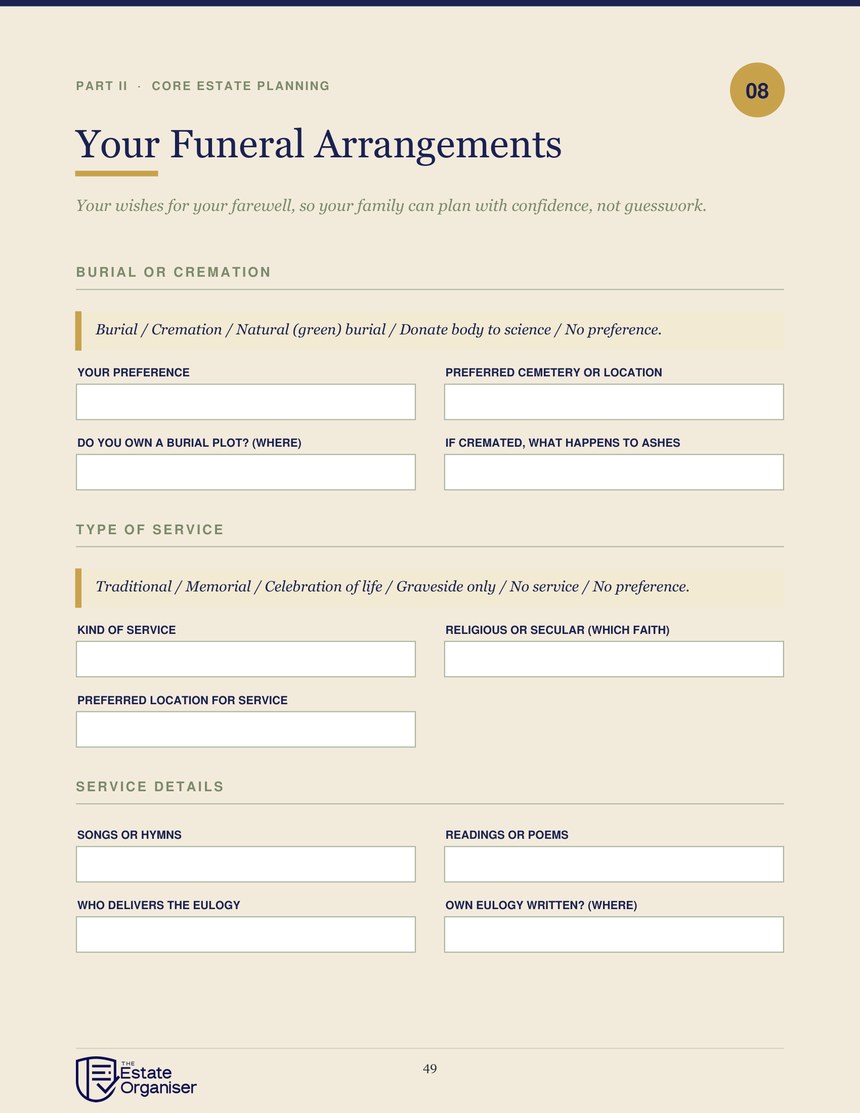 Funeral wishes page